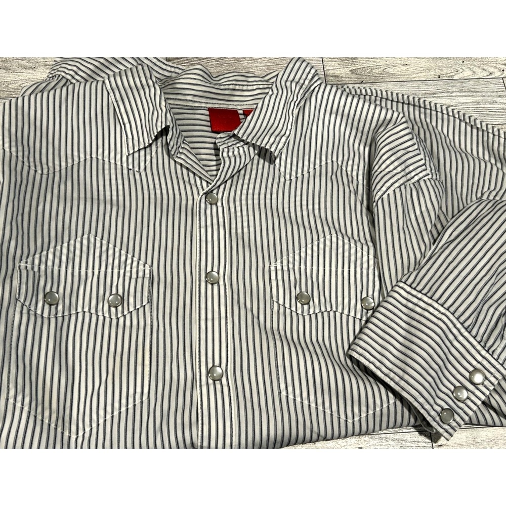 Saks Fifth Avenue Shirt Mens Large White Striped Pearl Snap Long Sleeve Cotton